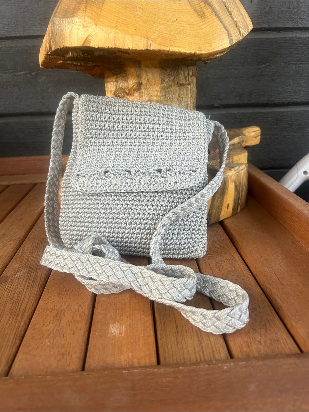 Crochet Crossbody Bag in Light Gray